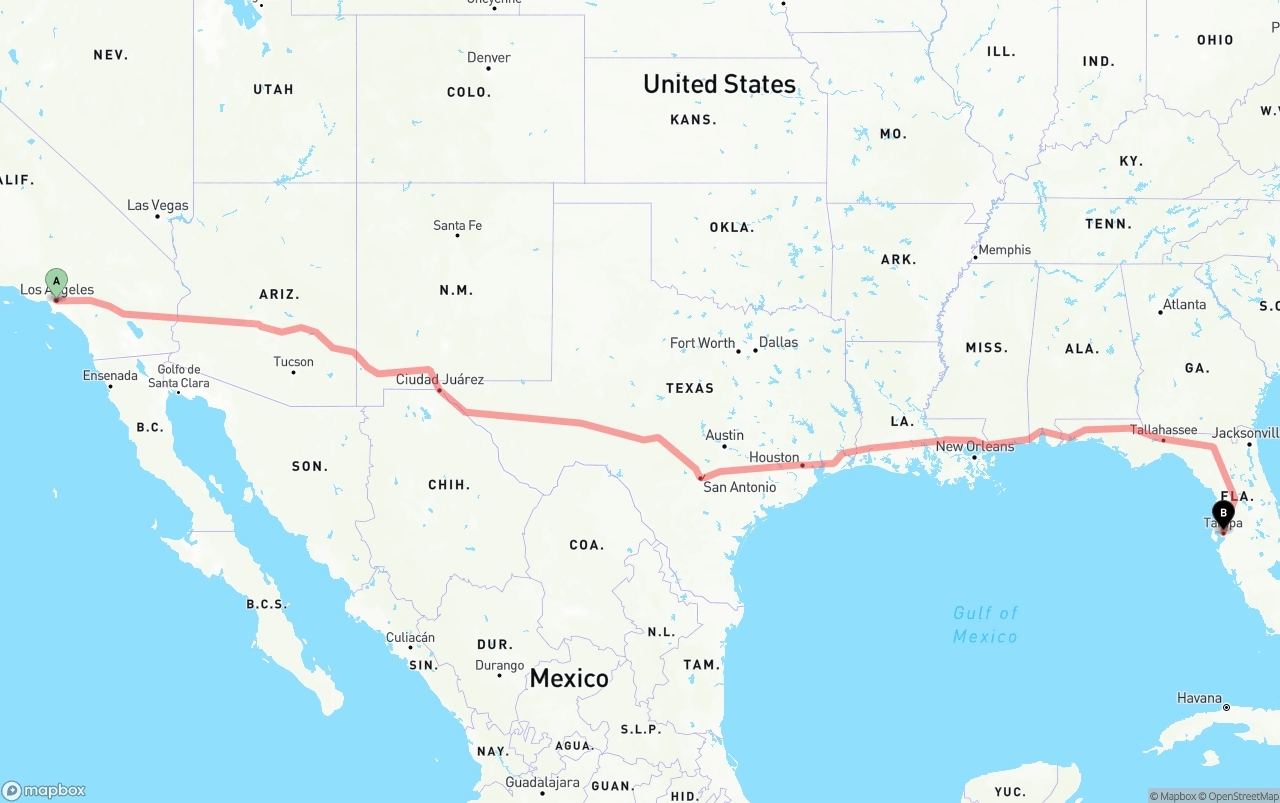 Shipping route from Los Angeles to Tampa