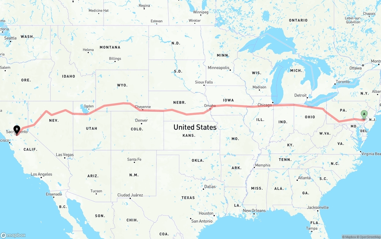 Shipping route from Phoenix to Sacramento