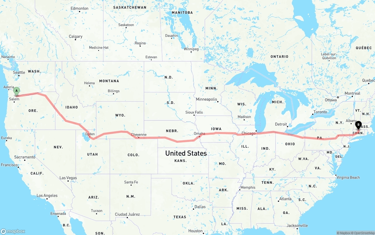 Shipping route from Portland to Bradley International Airport