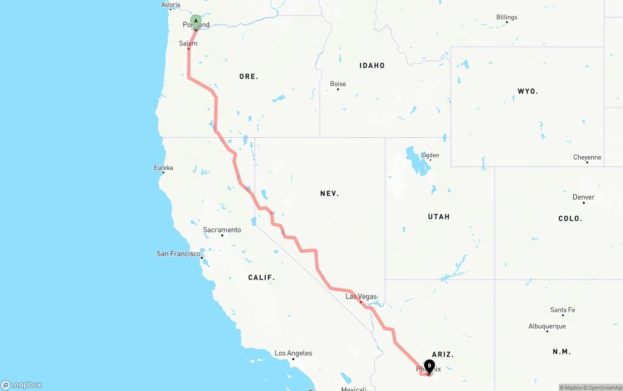 Shipping route from Portland to Phoenix Sky Harbor International Airport
