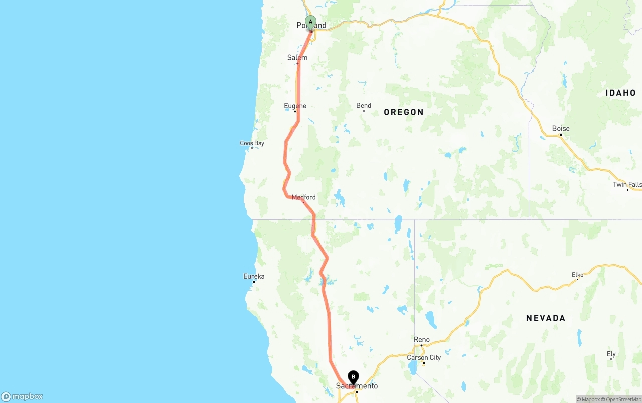 Shipping route from Portland to Sacramento International Airport