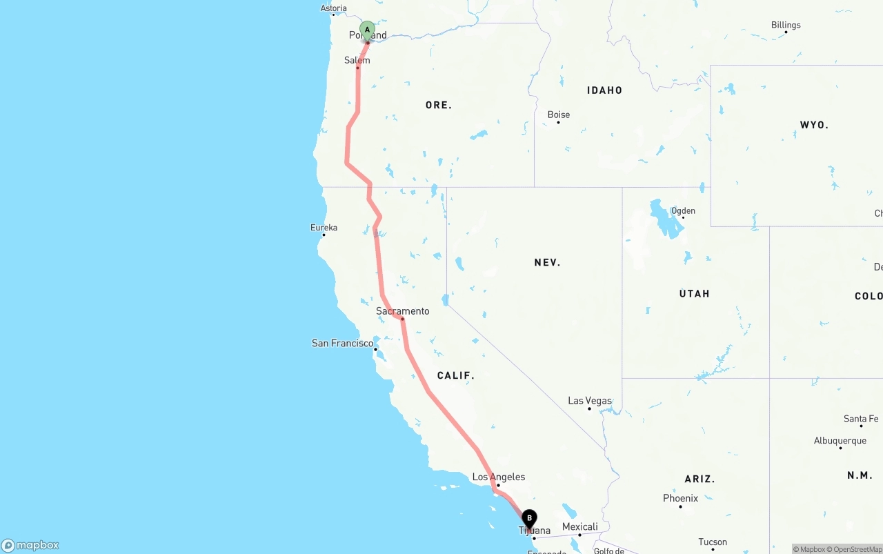 Shipping route from Portland to San Diego International Airport