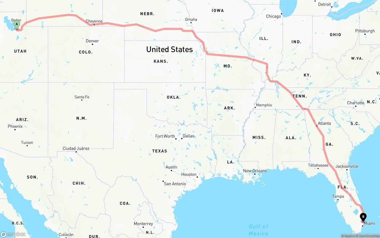 Shipping route from Salt Lake City to Fort Lauderdale-Hollywood International Airport