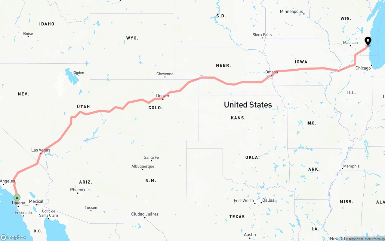 Shipping route from San Diego to Milwaukee