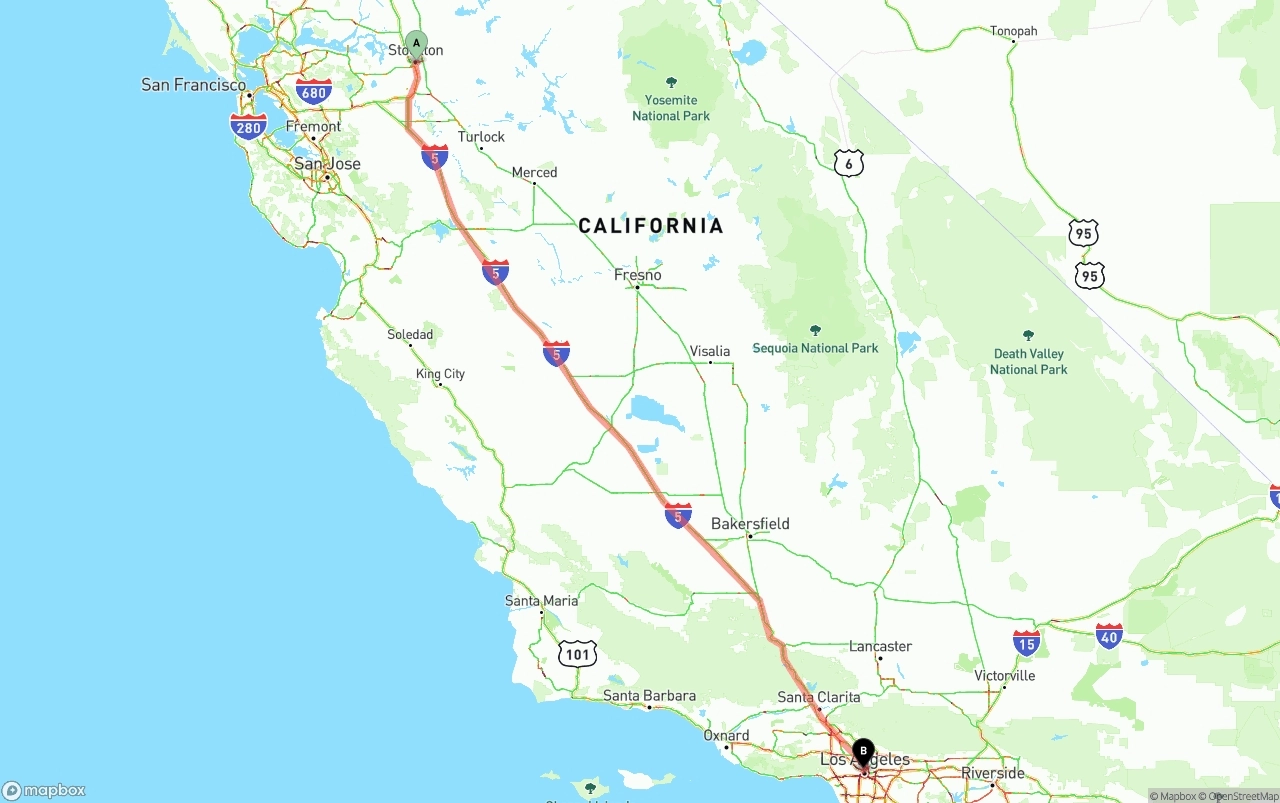 Shipping route from Stockton to Los Angeles