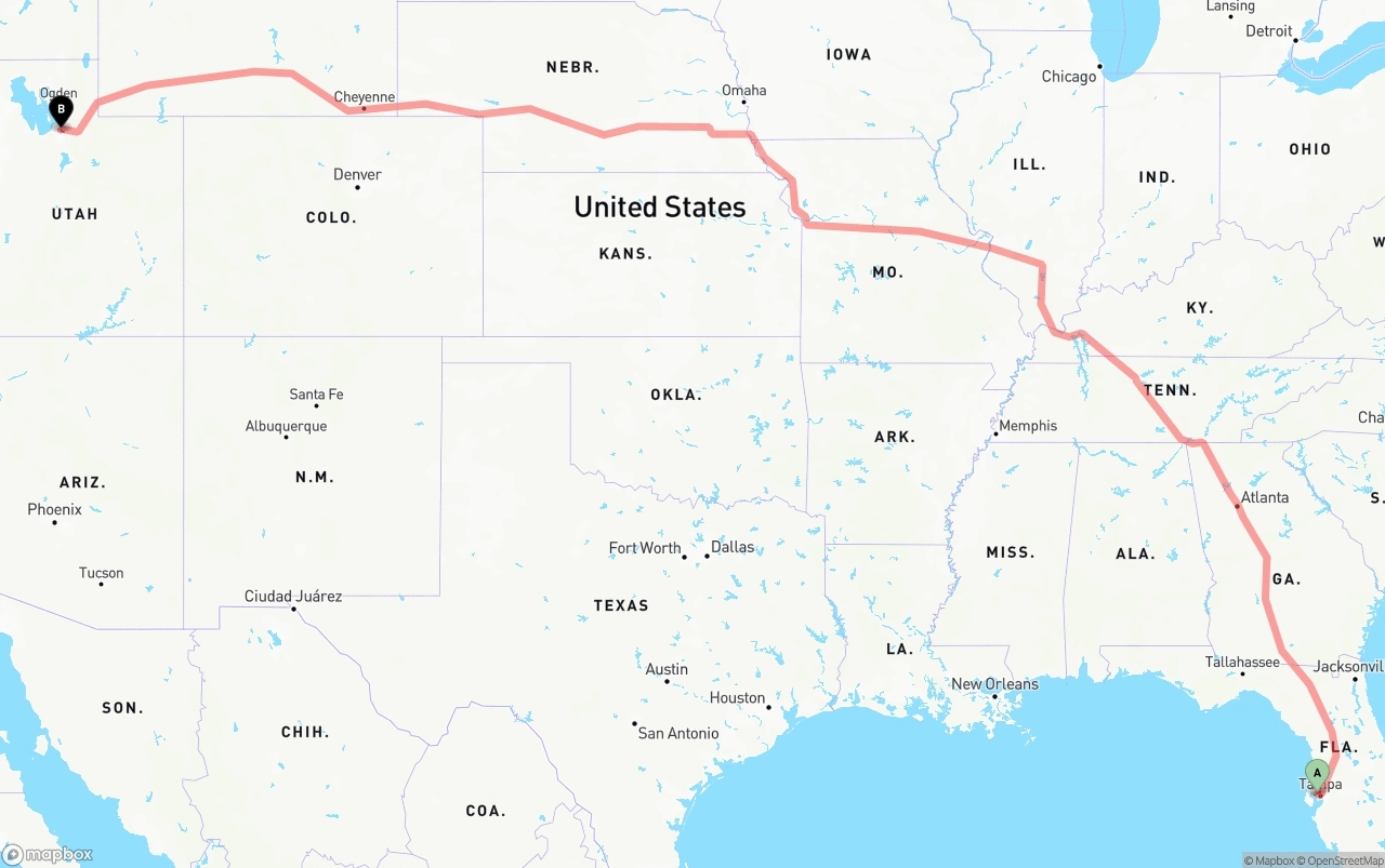 Shipping route from Tampa International Airport to Salt Lake City