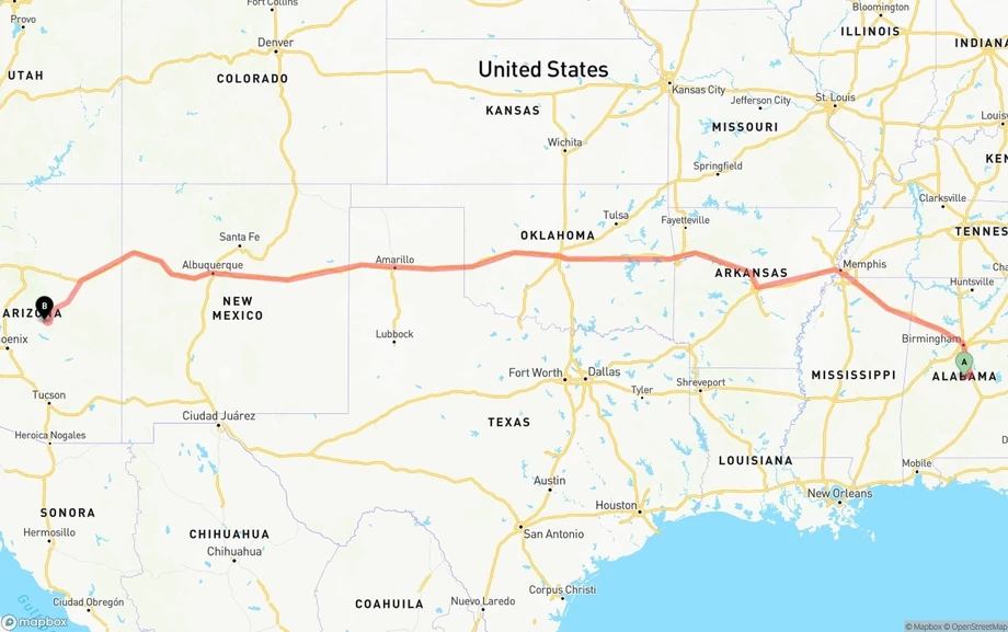 Alabama to Arizona freight shipping route map