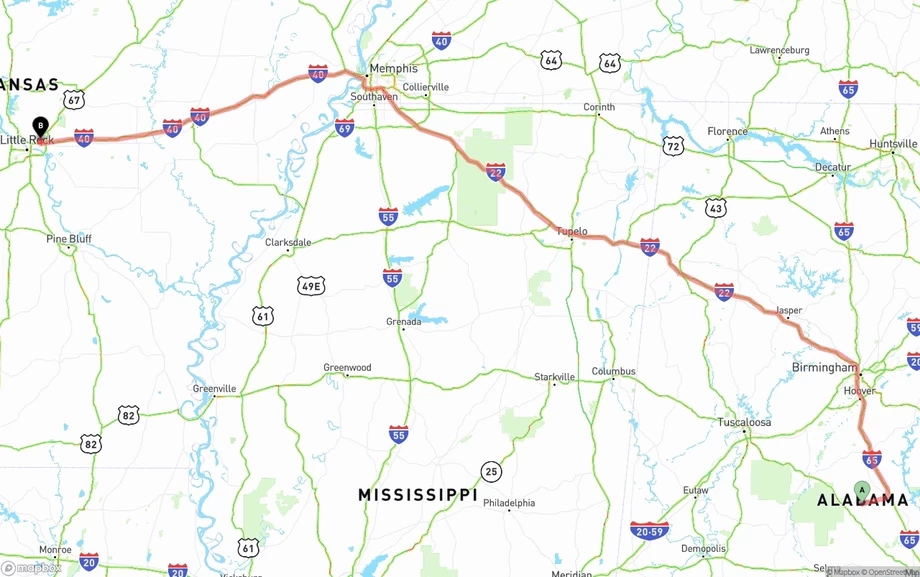 Alabama to Arkansas freight shipping route map