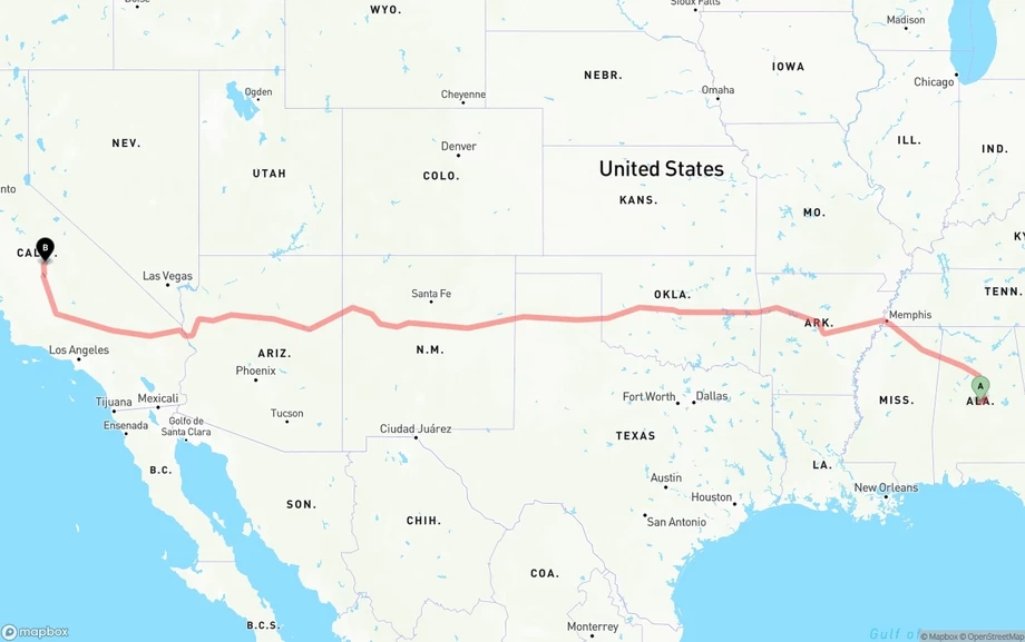 Alabama to California freight shipping route map