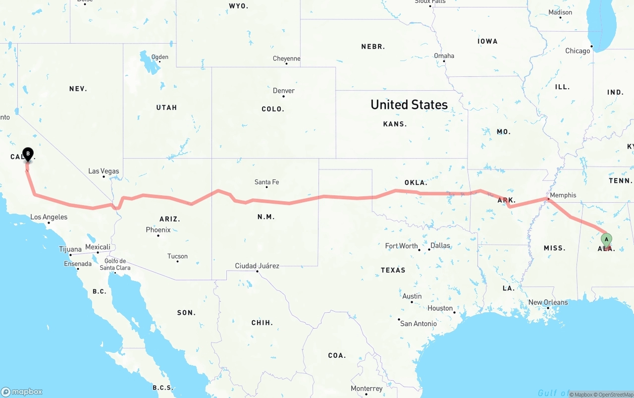 Shipping route from Alabama to California