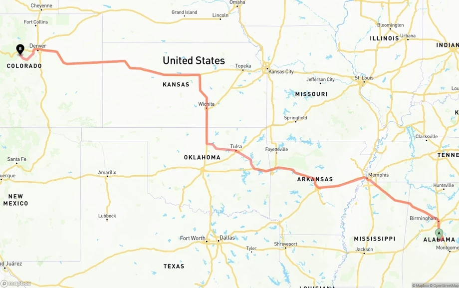 Alabama to Colorado freight shipping route map