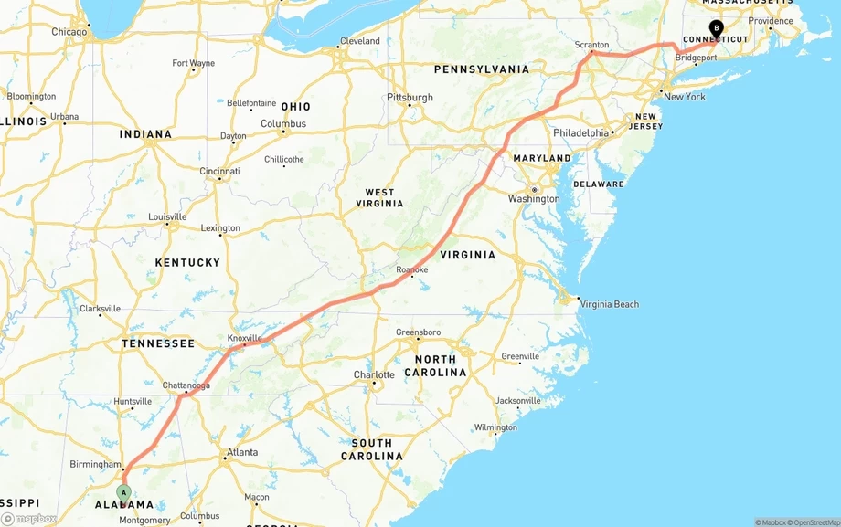 Alabama to Connecticut freight shipping route map