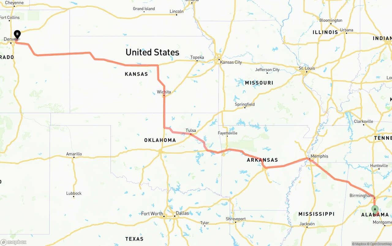 Shipping route from Alabama to Denver International Airport