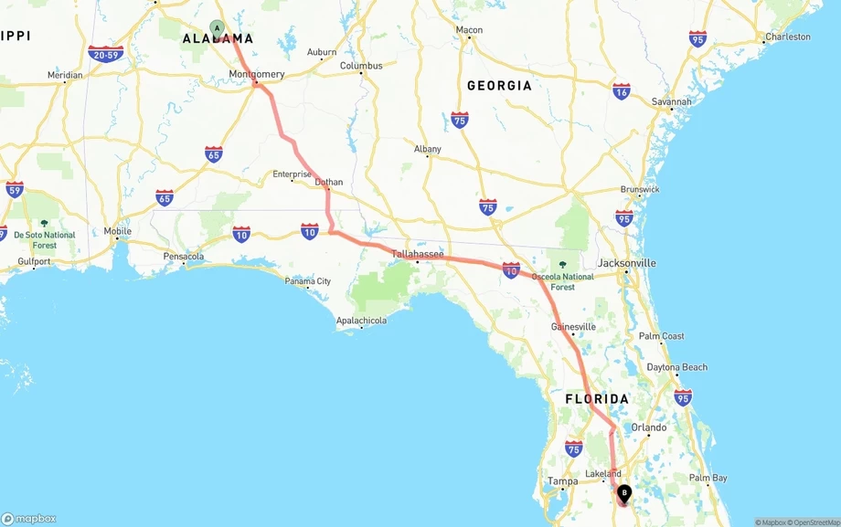 Alabama to Florida freight shipping route map