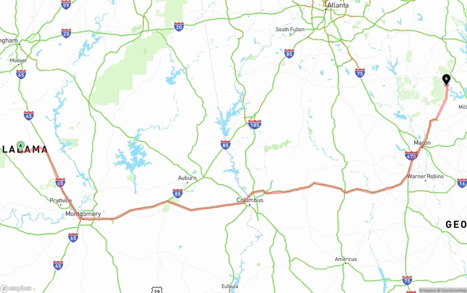 Alabama to Georgia freight shipping route map