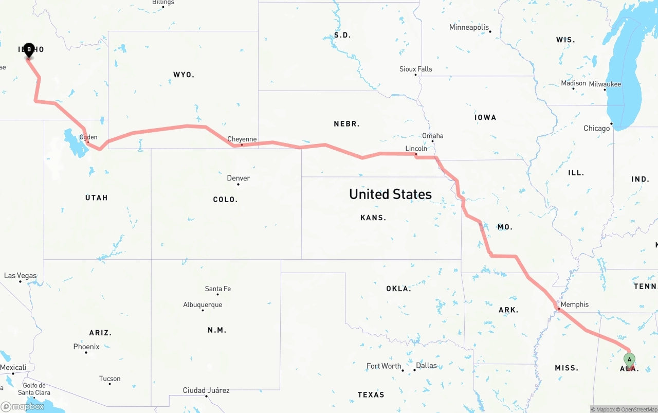 Shipping route from Alabama to Idaho