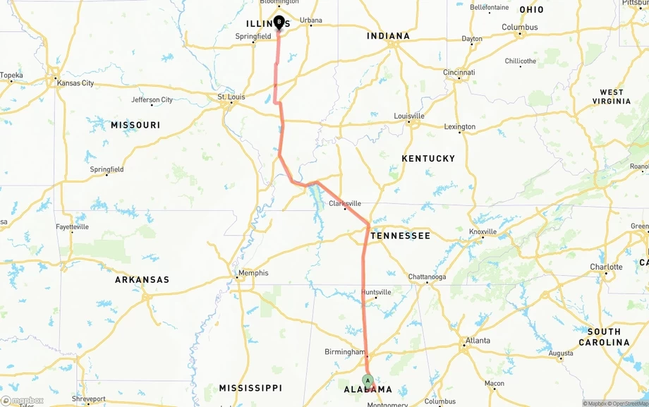 Alabama to Illinois freight shipping route map