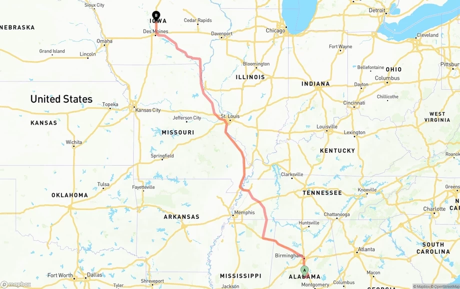 Alabama to Iowa freight shipping route map