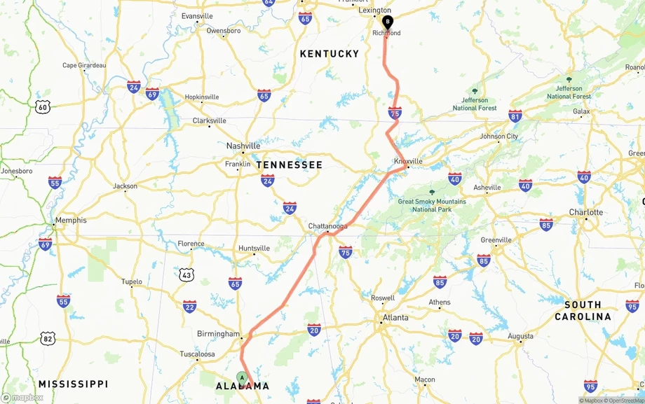 Alabama to Kentucky freight shipping route map