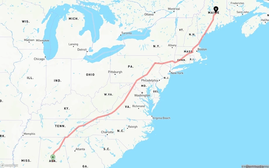 Alabama to Maine freight shipping route map