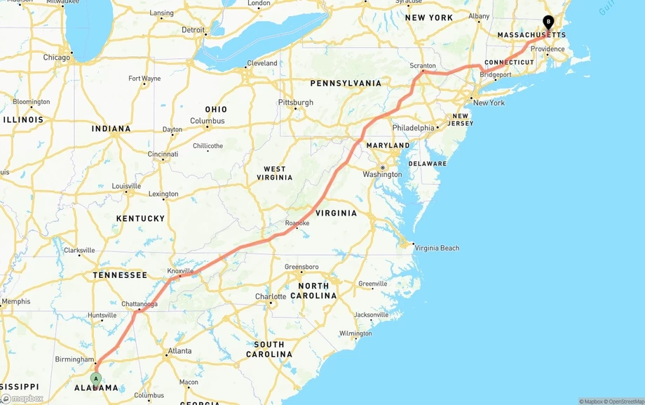 Alabama to Massachusetts freight shipping route map