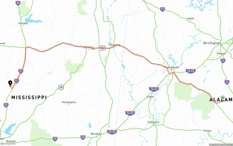 Alabama to Mississippi freight shipping route map
