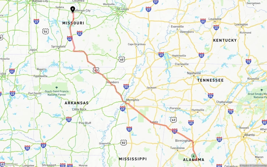 Alabama to Missouri freight shipping route map