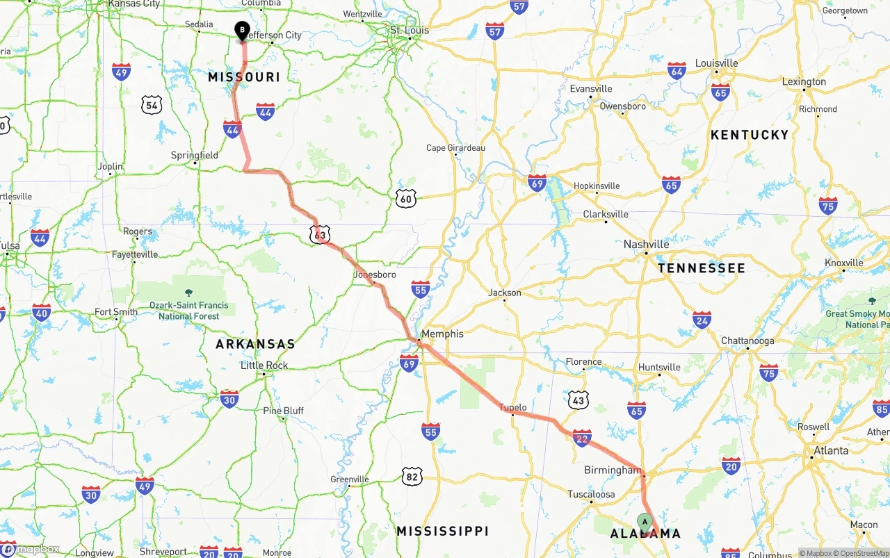 Shipping route from Alabama to Missouri