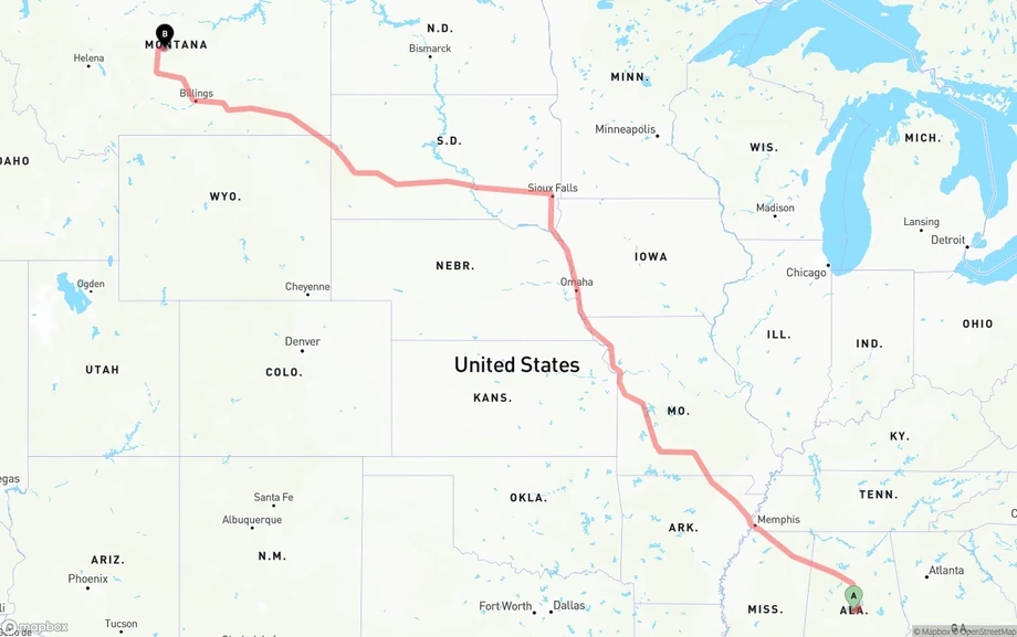Alabama to Montana freight shipping route map