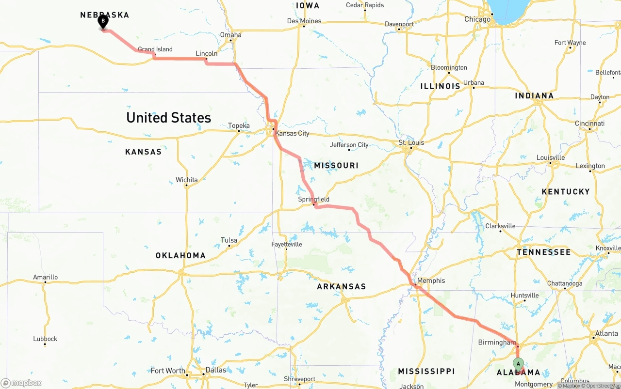 Shipping route from Alabama to Nebraska