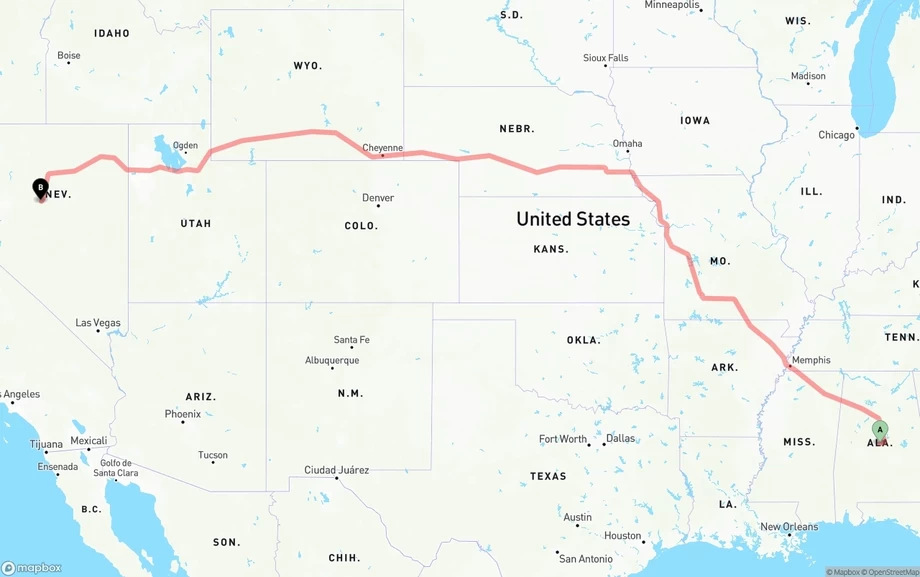 Alabama to Nevada freight shipping route map