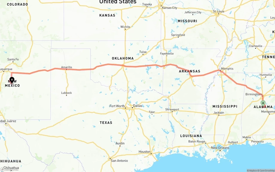 Alabama to New Mexico freight shipping route map