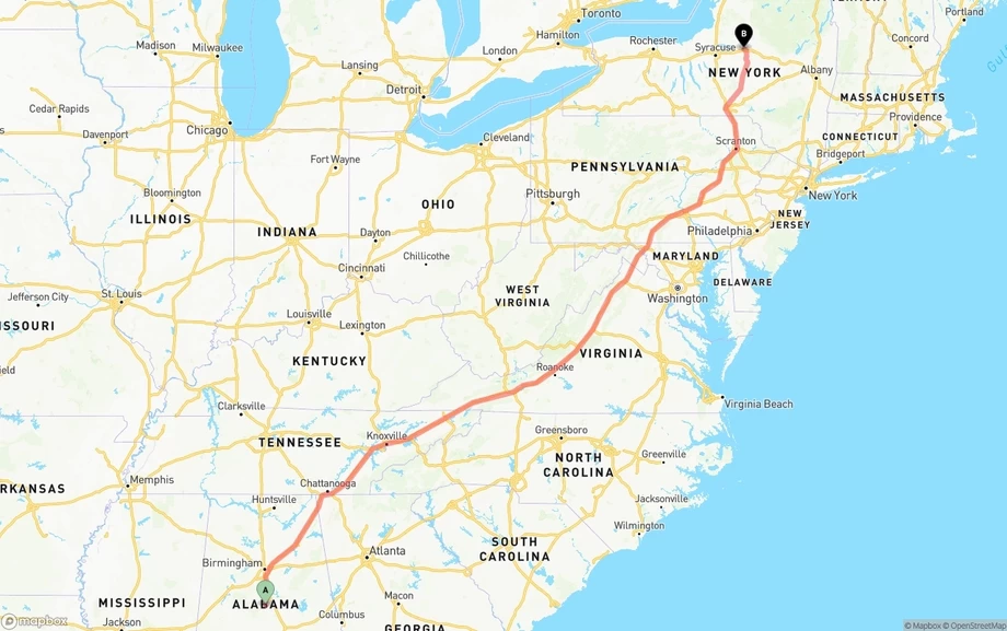 Alabama to New York freight shipping route map