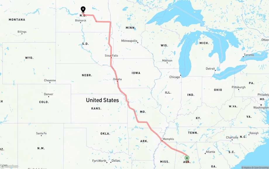 Alabama to North Dakota freight shipping route map