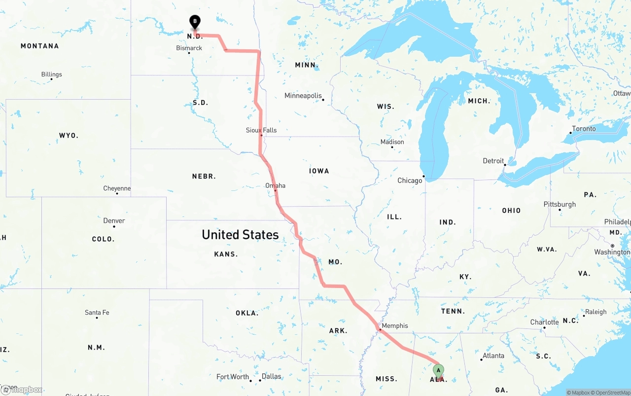 Shipping route from Alabama to North Dakota
