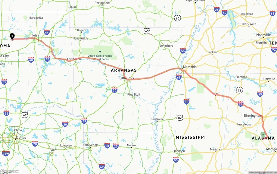 Alabama to Oklahoma freight shipping route map