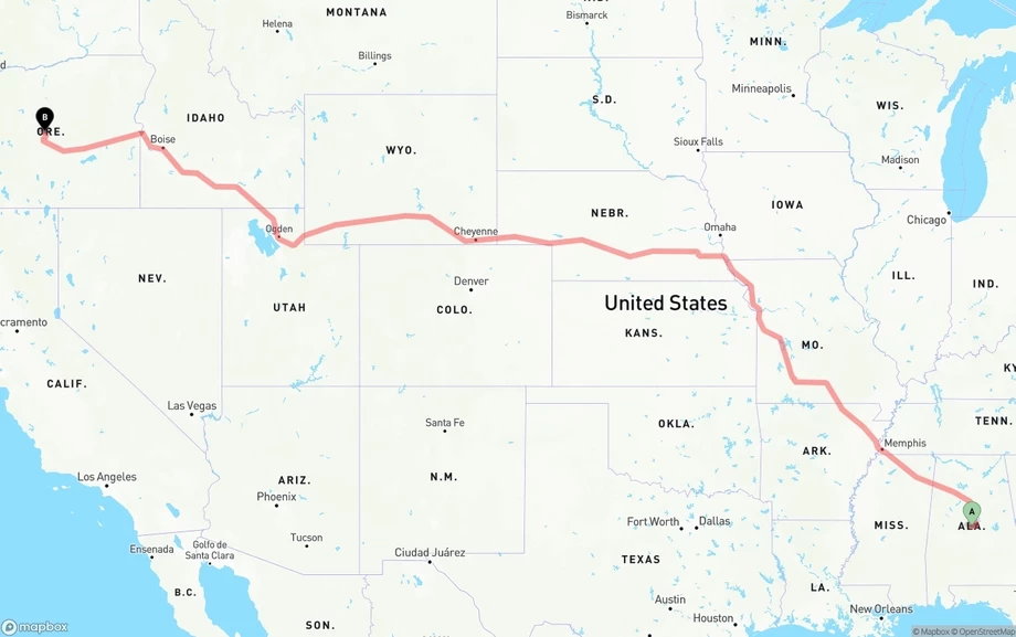 Alabama to Oregon freight shipping route map