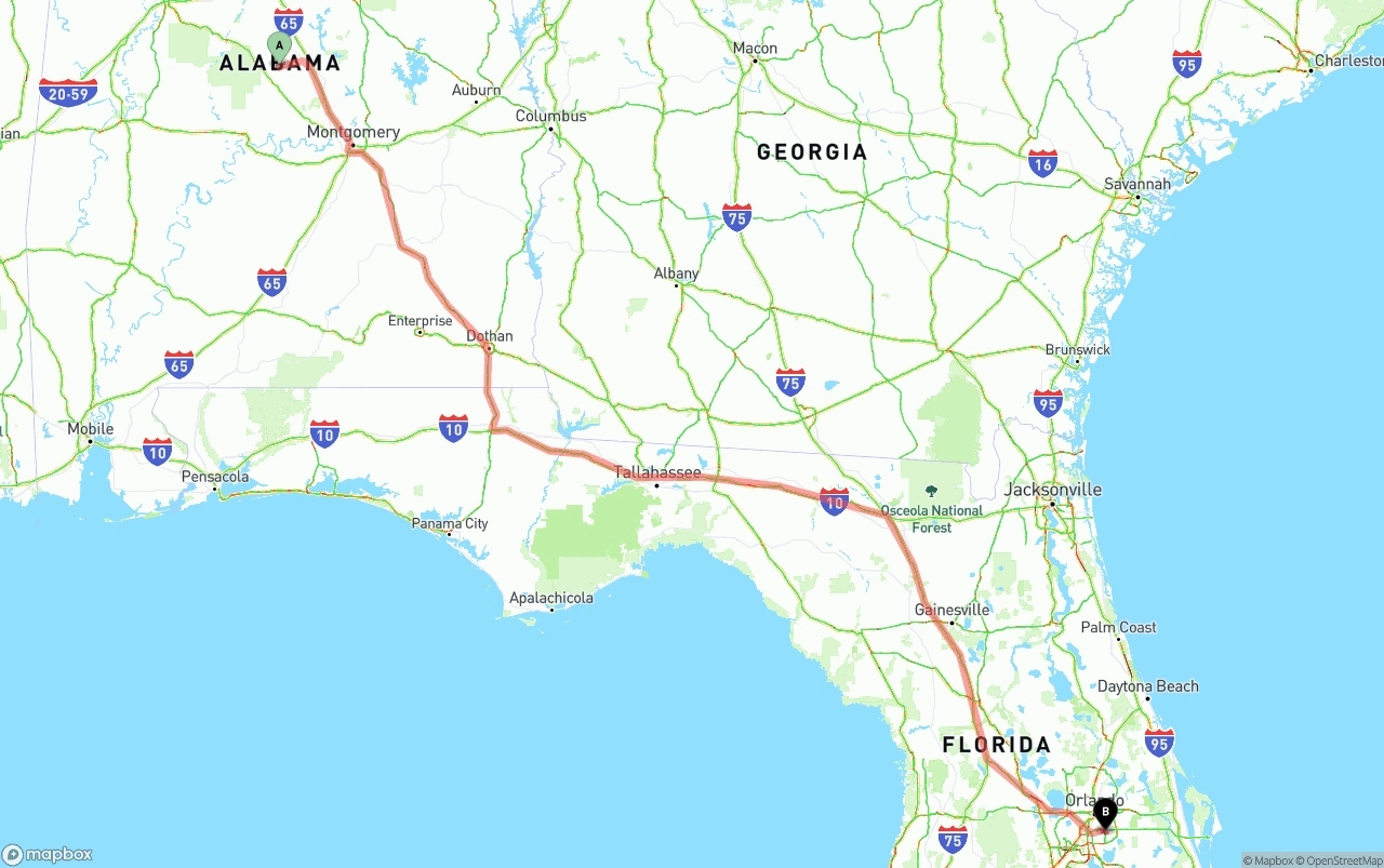 Shipping route from Alabama to Orlando International Airport
