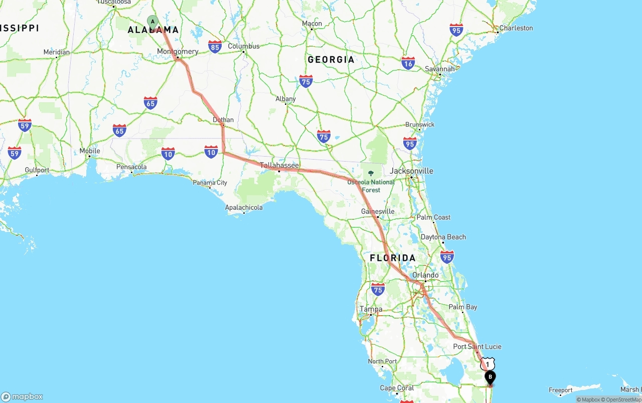 Shipping route from Alabama to Palm Beach International Airport