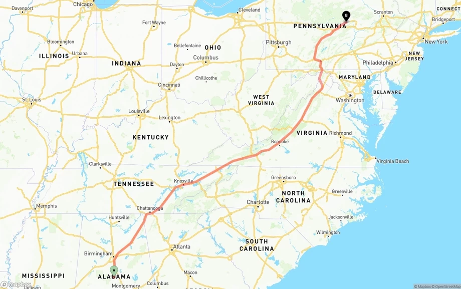 Alabama to Pennsylvania freight shipping route map