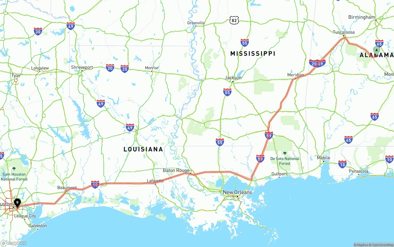 Shipping route from Alabama to Port of Houston
