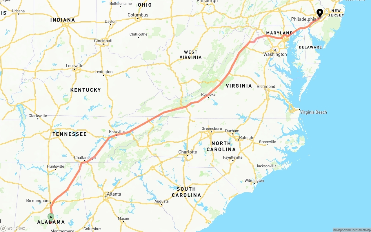 Shipping route from Alabama to Port of Philadelphia
