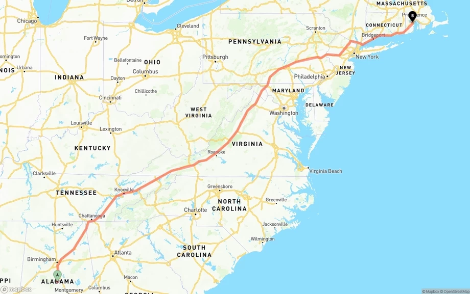 Alabama to Rhode Island freight shipping route map