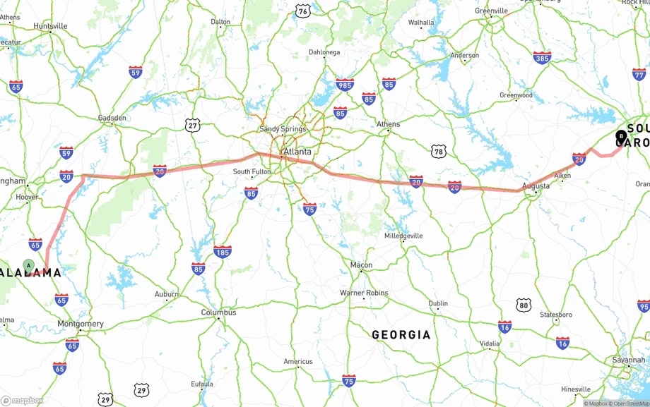 Alabama to South Carolina freight shipping route map