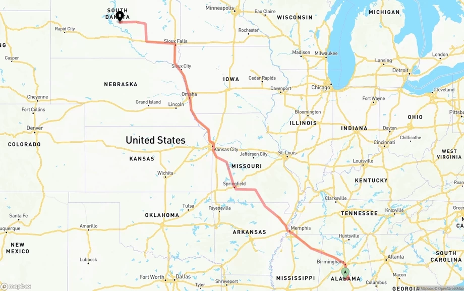 Alabama to South Dakota freight shipping route map