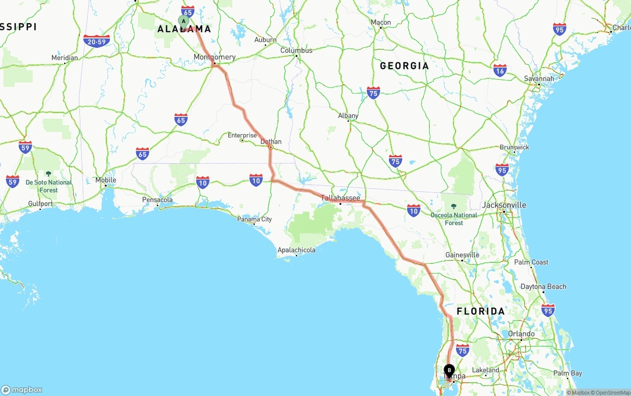 Shipping route from Alabama to Tampa International Airport