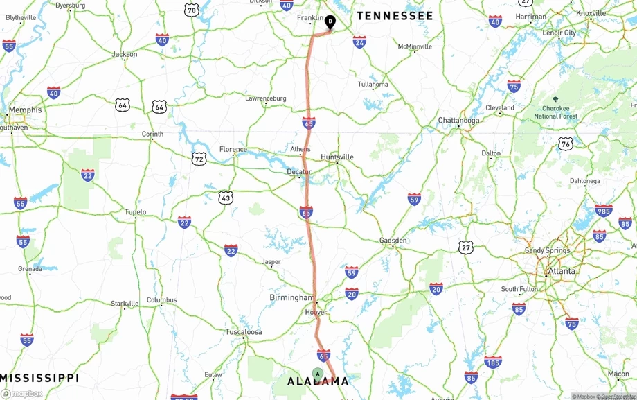 Alabama to Tennessee freight shipping route map