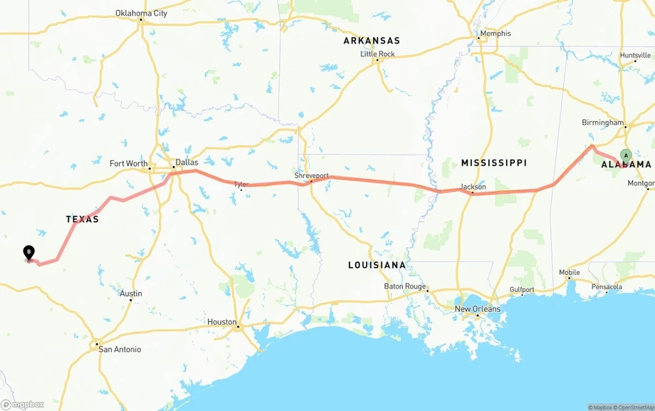 Alabama to Texas freight shipping route map
