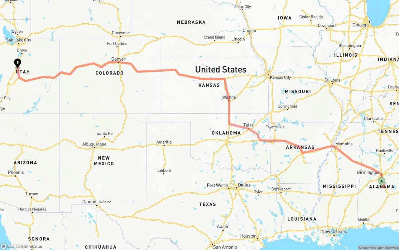 Shipping route from Alabama to Utah