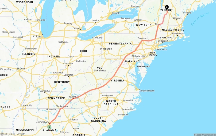 Alabama to Vermont freight shipping route map